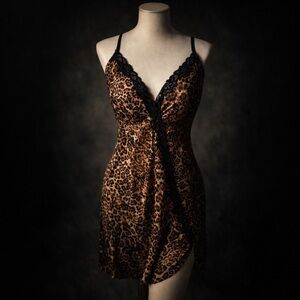 Y2K Leopard Lace Slip Dress 1X Plus Size Animal Print Lingerie Nightgown